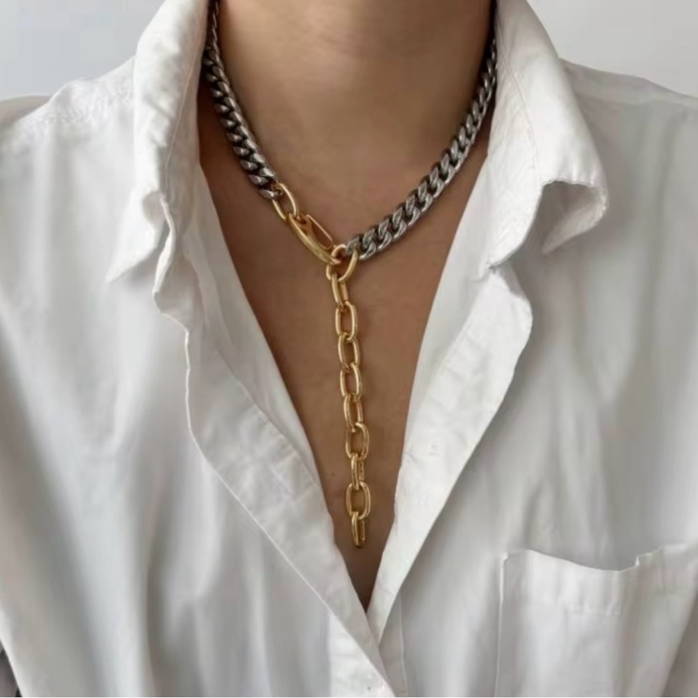 Mixed Stainless Steel Chain Link Necklace - Gold & Silver - Picture 7 of 8